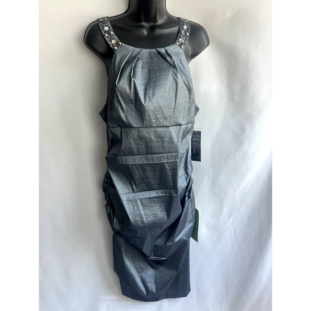 S.L. Fashions NWT Dress Metallic Gray Pewter Formal Prom Jewels Ruched Missy 16